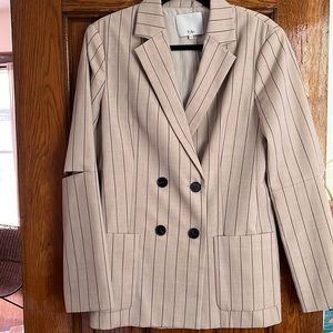 Tibi Tropical Wool Stripe Double Breasted Suiting Blazer w Sleeve Slit